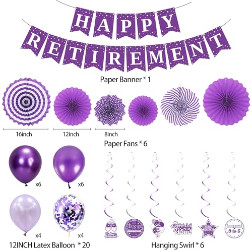 Holkcog Purple Retirement Party Decorations for Women, Silver Purple Happy Retired Banner Backdrop Paper fan Hanging Swirls for Coworker, I'm Retired Sash & Tiara Set, Great for Retiring Women Supply - style: Purple