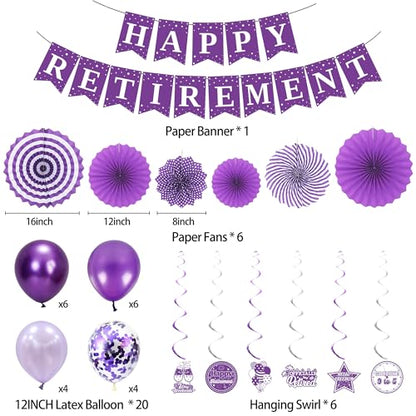 Holkcog Purple Retirement Party Decorations for Women, Silver Purple Happy Retired Banner Backdrop Paper fan Hanging Swirls for Coworker, I'm Retired Sash & Tiara Set, Great for Retiring Women Supply - style: Purple