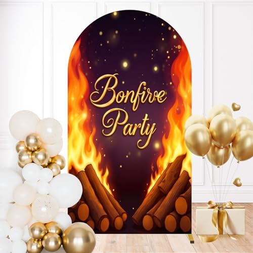 7.2FT Wedding Arch Backdrop Cover Bonfire Party Firewood Flame Light Spot Fire Wood Logs Golden Flames Spandex Fitted Round Top Backdrop Stand Cover for Ceremony Banquet Birthday Party Decoration - color: Color6, size: 7.2FT x 4FT