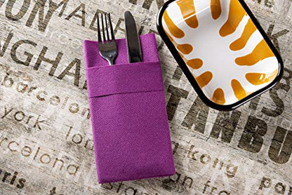 Moyes Home Purple Disposable Dinner Napkins with Pocket - Linen-Feel Pre-Folded Cloth-Like Paper Napkins for Silverware, Weddings, Dinner Parties, 16x16 in, Pack of 50 - color: Purple