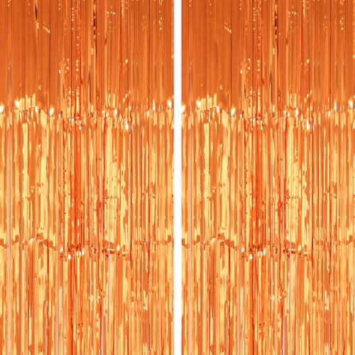 PIGETALE 2 Pack 3.2x8.2 Feet Orange Foil Fringe Backdrop Curtains, Metallic Tinsel Photo Booth Backdrop Streamers Birthday Party Decorations, Halloween Baby Shower Disco Basketball Party Supplies - color: Orange