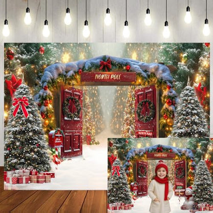 8x6ft Fabric Christmas Backdrop Winter Forest Wooden Barn Door North Pole Snowy Xmas Tree Photography Background Family Holiday Party Decor Photo Props 346 - size: 8x6ft
