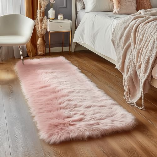 Goolela Pink Fluffy Fuzzy Furry Runner Rug 2X6 Light Pink Faux Sheepskin Fur Rug for Girls Bedroom Bedside Rug Plush Shaggy Washable Rectangle - color: Light Pink, size: 2' x 6' (Rectangular)