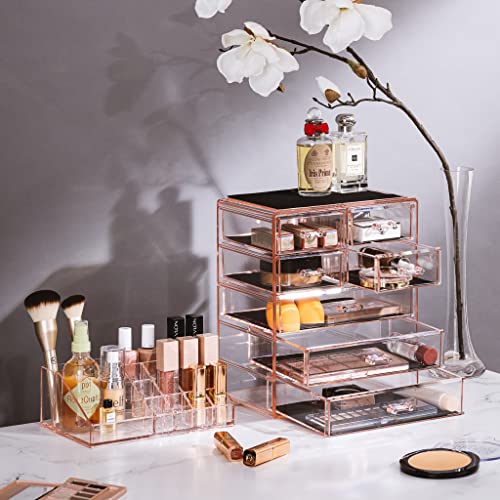 Sorbus Acrylic Makeup Organizer Set, 7-Drawer Vanity & Countertop Cosmetic Storage with Small & Wide Compartments, Pink Makeup Storage for Brushes, Jewelry – Holiday Gift for Women & Teens - color: Pink, size: 3 Large, 4 Small Drawers