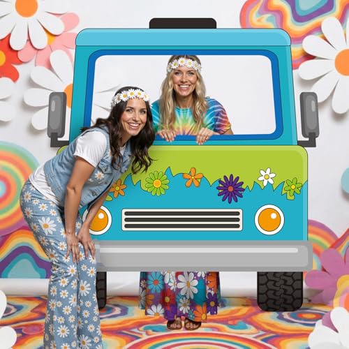 Capoda Mysterious Van Photo Backdrop Stand up Cardboard Cutout for Hippie Daisy Party Decorations - 55 x 52 Inch Large Retro Daisy Flower Truck Standee with Face Hole for Birthday Party Supplies - style: Hippie Car