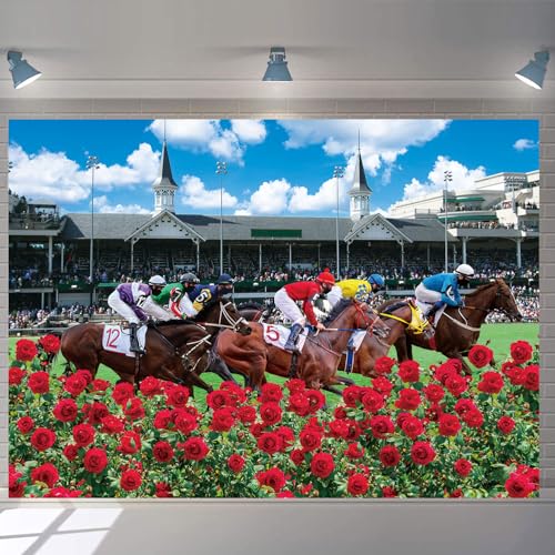 Kentucky Derby Backdrop Red Rose Garden Racecourse Photography Background Horse Racing Run for The Roses Banner Kentucky Derby Party Decorations Supplies (8x6FT: 96x72 inch) - size: 8x6FT: 96x72 inch