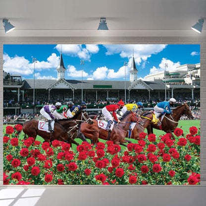 Kentucky Derby Backdrop Red Rose Garden Racecourse Photography Background Horse Racing Run for The Roses Banner Kentucky Derby Party Decorations Supplies (8x6FT: 96x72 inch) - size: 8x6FT: 96x72 inch