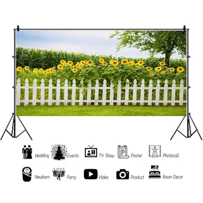 Leyiyi Spring Natural Scenery Backdrop 15x8ft Photography Backdrop Blossoming Yellow Sunflowers Tall Lush Tree White Wooden Textured Fence Family Children Baby Girl Personal Portraits Studio Props - size: 15x8ft