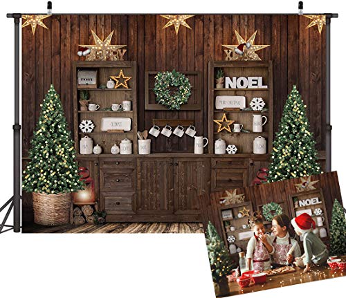 Mocsicka Christmas Kitchen Photography Backdrop Retro Wood Wall Cooking House Family Party Background Pine Tree Decoration Xmas Baby Kids Portrait Photo Studio Photobooth Props (7x5ft)