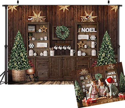 Mocsicka Christmas Kitchen Photography Backdrop Retro Wood Wall Cooking House Family Party Background Pine Tree Decoration Xmas Baby Kids Portrait Photo Studio Photobooth Props (7x5ft)