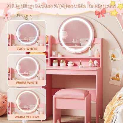 Vabches Kids Vanity with Lights, Princess Makeup Vanity Desk with Open Bookshelf, Storage Cabinet & Shelves, Toddler Vanity Table and Chair Set, Pretend Play Vanity Set for Little Girls, Pink - style: Pink