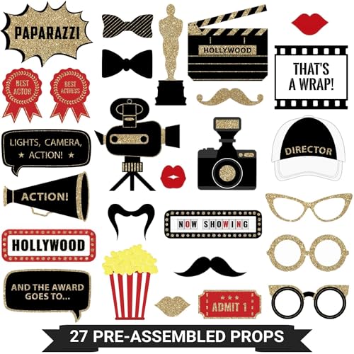 Fully Assembled Hollywood Photo Booth Props - Set of 27 - Black Gold Red Selfie Signs - Movie Night Themed Party Supplies & Decorations - Cute Oscars Designs with Real Glitter - Did We Mention No DIY - size: 27 Pieces