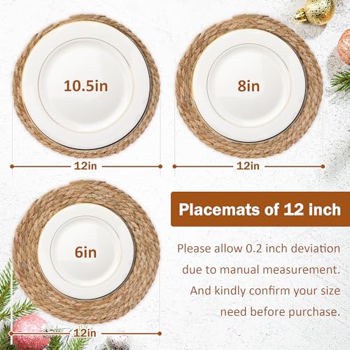 GENMOUS Woven Placemats Set of 12, 12" Round Placemats Natural Water Hyacinth Boho Placemats,Farmhouse Rattan Chargers for Dinner Plates, Rustic Braided Wicker Table Mats for Thanksgiving,Home,Wedding - size: 12inch, Set of 12