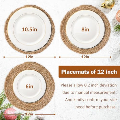 GENMOUS Woven Placemats Set of 12, 12" Round Placemats Natural Water Hyacinth Boho Placemats,Farmhouse Rattan Chargers for Dinner Plates, Rustic Braided Wicker Table Mats for Thanksgiving,Home,Wedding - size: 12inch, Set of 12