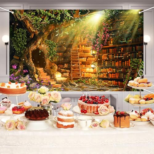 Fairy Woodland Library Backdrop Spring Enchanted Forest Bookshelf Book Tree Photography Backgrounds Magic Nature Girl Birthday Party Decorations Banner Photo Booth Props 9X6ft - size: 9X6ft
