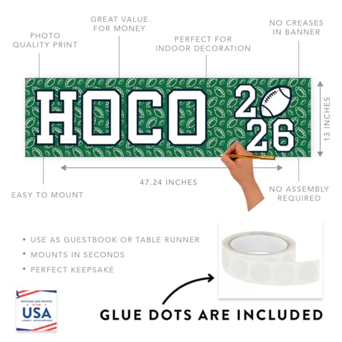 Andaz Press Large Homecoming Decorations 2026, Homecoming Banner with Football Design, HOCO Sign Banner with Adhesive Dots, Game Day HOCO Decorations 2026, 13x48 Inch - color: HOCO Football Banner