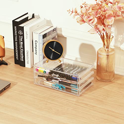 Cq acrylic Drawer Organizer with 3 Long Drawers,Stacking Office Supply Organizer and Desk Pen Storage and Stationary Organizer,Clear Makeup Storage Organizer for Palettes,Cosmetic, Beauty for Vanity - size: 3 Small Long Drawers