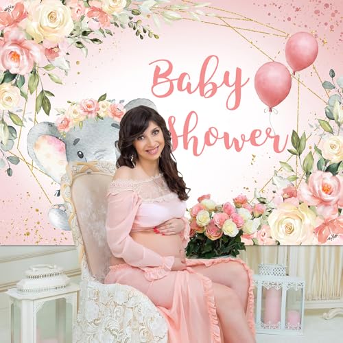 InMemory Pink Elephant Baby Shower Backdrop Watercolor Flower It's A Girl Oh Baby Shower Party Decorations Photography Background Floral Sweet Little Peanut is On The Way Banner 5x3ft - color: Pink, size: 5x3ft