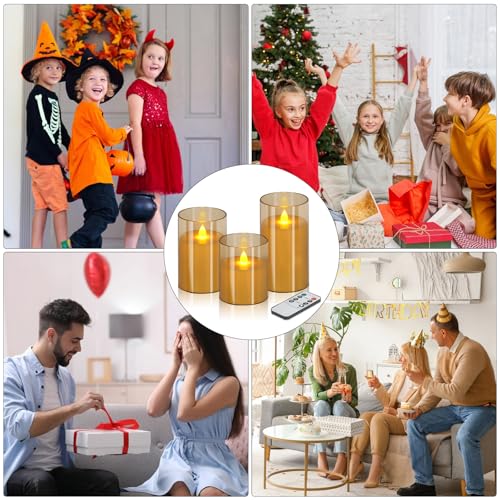 wemarry Flameless Candles 4" 5" 6" Acrylic Glass Pillars 3" Diameter Battery Operated Flickering Candles Include 8-Key Remote with Timer Function 400+ Hours (Gray, Warm Light 9 Pack) - color: Amber, size: Warm Light 9 Pack