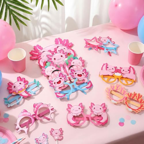 Pajean 36 Pcs Axolotl Party Decorations Eyeglasses Pink Axolotl Themed Paper Glasses Decor Salamander Photo Booth Props Frame for Birthday Pink Baby Shower Salamander Party Decoration Gift - style: Axolotl