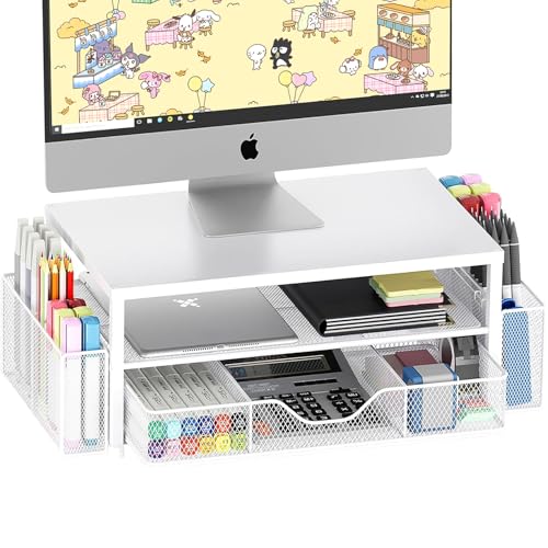 OPNICE Desk Organizers and Accessories, 2-Tier Computer Monitor Stand Riser with Drawer and 2 Pen Holders, Laptop Stand, Office Desk Accessories for Office Supplies, White - color: White 1-Pack