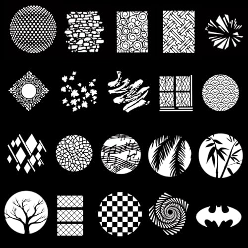 20Pcs Round Gobos Kit for Optical Snoot,66mm/2.6in Metal Plate Patterns for Spotlight Attachment Compatible with Godox BFP/OT1/OT1 Pro/II/Westcott Optical Spot,for Portraits/Product/MV/YouTube - style: 20packs Patterns
