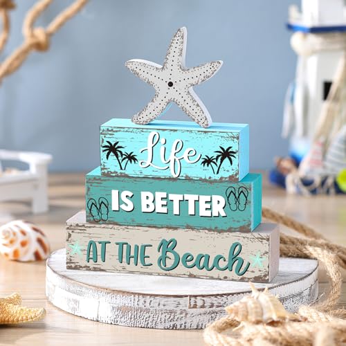 Geelin 4 Pcs Summer Table Decorations Ocean Life Better Wooden Block Signs Beach Theme Starfish Palm Slipper Tabletop Centerpieces Farmhouse Tiered Tray Decor for Home Table Kitchen Shelf - style: Ocean