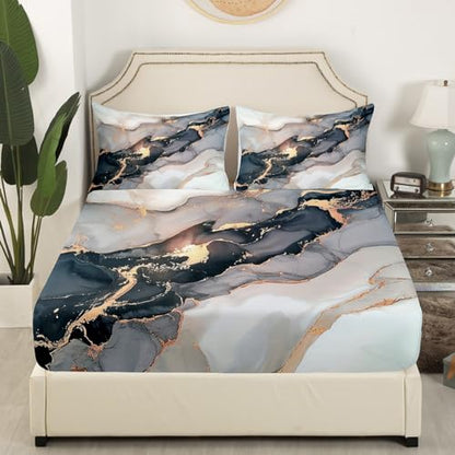 Black Marble Sheet Set - White Gray Gold Marble Bed Sheets Sets - Luxury Soft - Deep Pockets Wrinkle Free Marble Bedding - 1 Abstract Art Fitted Sheet, 1 Tie Dye Flat, 2 Pillow Cases - 4 Piece,King - color: A-01, size: King