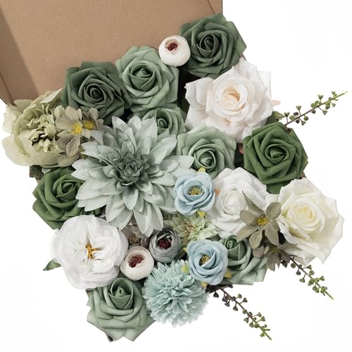 30 Pcs Artificial Flowers Combo Green Flowers Mix Silk Flowers Dahlia Roses with Stems for DIY Wedding Bridal Bouquets, Baby Shower, Floral Arrangement, Table Centerpieces, Home Decorations. - color: White/Greem1