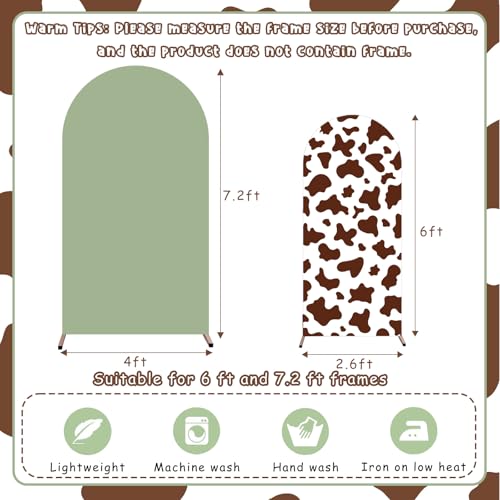 2Pcs Cow Print Arch Backdrop Covers Set Sage Green Brown(7.2ft+6ft), Spandex Fitted Arch Stand Covers for Baby Shower Birthday Bridal Shower Western Farm Photo Booth Background - color: Sage Green & Brown-Cow Print, size: 7.2FT/6FT