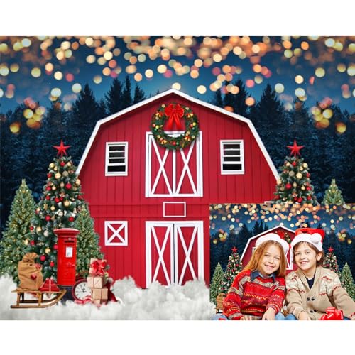 Christmas Backdrop 10x8ft Outdoor Winter Photo Backdrop for Photography - Red Barn Country Scene Winter Xmas Tree Background - Merry Christmas Party Decoration - Family Kids Adult Props - color: NWH22059