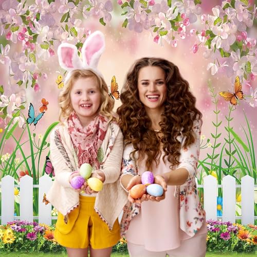 INRUI Spring Easter Garden Photography Backdrop Green Grass Lawn Floral Butterfly Fence Baby Shower Birthday Party Decorations Banner (8x10FT) - size: 8x10FT