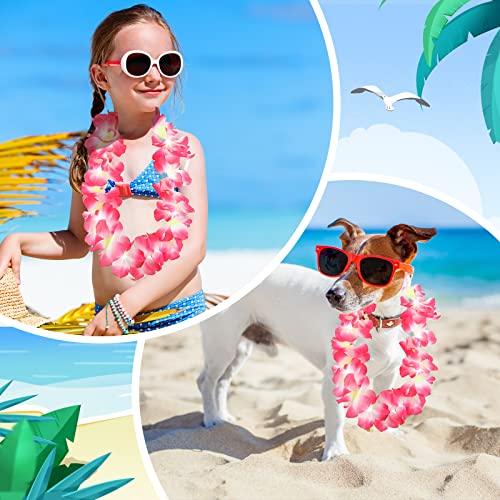 Sherr 24 Pcs LED Leis Light Up Wedding Hawaiian Leis Flower Necklace with LED Lights Beach Tropical Carnival Party Wedding Supplies Luau for Masquerade - color: Pink