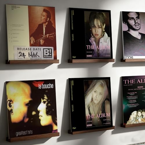 Vinyl Wall Mount No Drill with 2 Mount Options(Adhesive & Screws), 6 Pack Solid Walnut Wood Record Display No Screws, Record Shelves for Wall, Album Magazine, Record Shelf, Vinyl Holder Wall