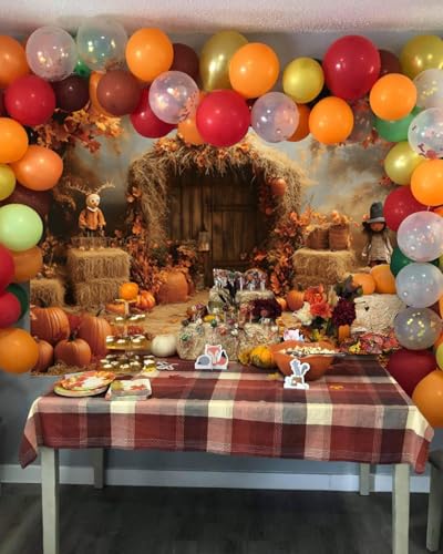 Fall Thanksgiving Backdrop 8x6ft Vinyl Autumn Pumpkin Maple Leaves Harvest Scarecrow Rustic Wood Door Photoshoot Photography Background Decorations Baby Birthday Portrait Studio Booth Props - size: 8X6FT