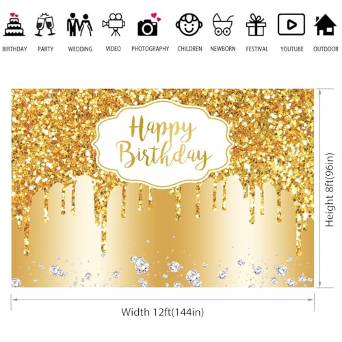 12x8ft Gold Happy Birthday Backdrop Modern Luxury Glitter Diamond Photography Background for Women Girls Sweet Princess Birthday Party Bridal Shower Decor Banner Supplies Photo Booth Props
