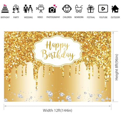 12x8ft Gold Happy Birthday Backdrop Modern Luxury Glitter Diamond Photography Background for Women Girls Sweet Princess Birthday Party Bridal Shower Decor Banner Supplies Photo Booth Props