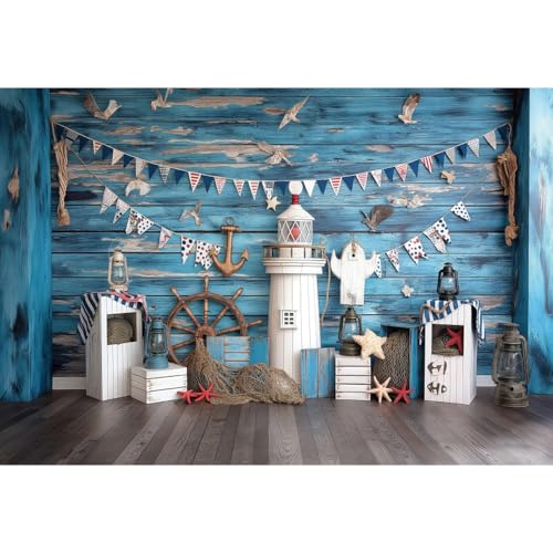 YongFoto Nautical Adventure Theme Backdrop 5x3ft Blue Deck Lighthouses Boat Rudder Fishing Net Seagull Photography Background Baby Shower Boy Birthday Party Banner Portraits Photoshoot Wallpaper - color: Style 1, size: 5ftx3ft