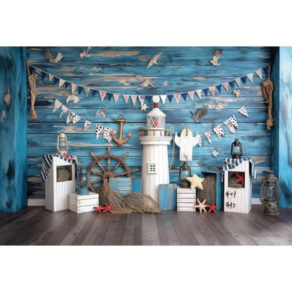 YongFoto Nautical Adventure Theme Backdrop 7x5ft Blue Deck Lighthouses Boat Rudder Fishing Net Seagull Photography Background Baby Shower Boy Birthday Party Banner Portraits Photoshoot Wallpaper - color: Style 1, size: 7ftx5ft