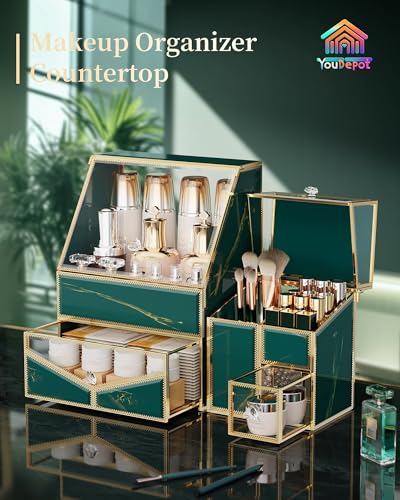 Youdepot Glass Makeup Organizer for Vanity and Bathroom Countertop – Large Cosmetic Display Case and Skincare Storage Solution - color: Green