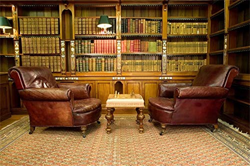 AOFOTO 5x3ft Vintage Luxury Study Bookshelf Backdrop Photography Home Office Two Sofa Business Conversation Room Bookcase Retro Style Shelves Bookrack Background for Videos YouTube Photos Prop Vinyl - size: 5x3ft