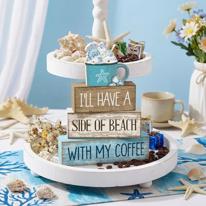 Lineshading 4 Pcs Summer Table Decorations Beach Coffee Bar Wooden Block Sign Blue Rustic Coastal Tiered Tray Decor with Coffee Cup Summer Centerpieces Decor for Beach Nautical Party Office Home - style: Beach