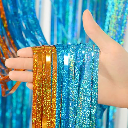Melsan Heavy Duty Tinsel Fringe Curtain, 3 Pack 3.2 x 8.2 ft Extra Long Thicker Blue & Orange Streamers, Includes Adhesive + 3 Extra 3.1 Ft Tapes, Blue Dog Themed Birthday Backdrop & Photo Booth Prop - color: Blue and Orange