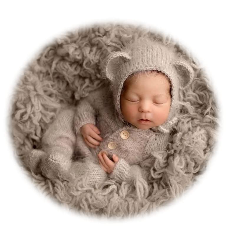 2Pcs Newborn Photography Props Boy Photo Posing Outfits Baby Photoshoots Girl Crochet Bear Hat Romper - color: Grey