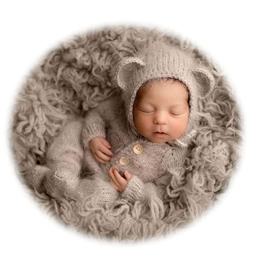 2Pcs Newborn Photography Props Boy Photo Posing Outfits Baby Photoshoots Girl Crochet Bear Hat Romper - color: Grey