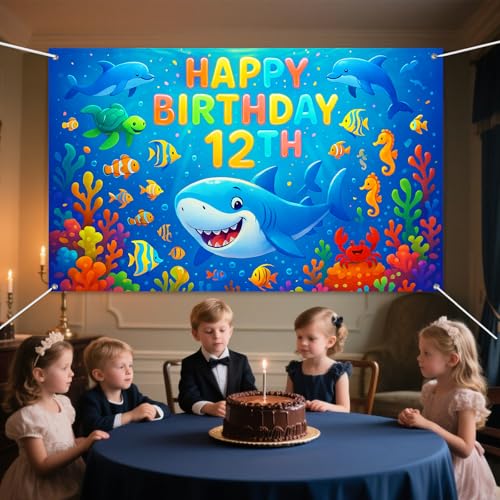 IVN Happy 12th Birthday Backdrop Banner 71x43 Inch Ocean Theme Under the Sea Twelfth Birthday Party Decorations Photography Background Photo Booth Props for Boys Girls - color: Happy Birthday 12th