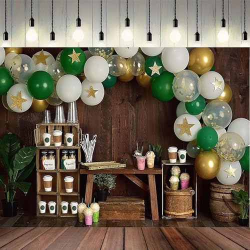 Coffee Photography Backdrop Rustic Brown Wood Coffee Shop Backdrop Balloons Coffees Ice Cream Party Background Balloon Stars Photography Background Kids Portrait Decor Backdrop Photo Studio Prop,8X6FT
