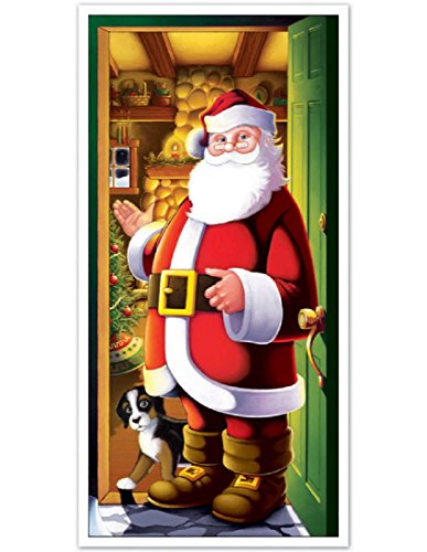Beistle Printed Plastic Indoor Outdoor Santa Claus Cover for Front Door Home Holiday Christmas Decoration, 30" x 5', Multicolor - style: Santa