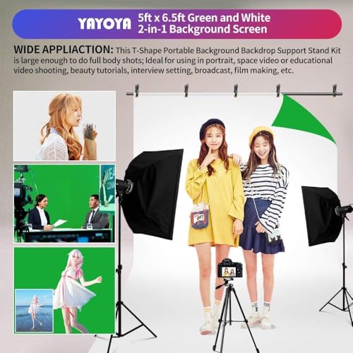 2-in-1 White Backdrop Green Screen Backdrop Stand Kit, 5x6.5 ft Greenscreen Background with Stand for Streaming, Zoom, Photography, Video with Clips & Carrying Bag - color: Green White, size: 5x6.5ft