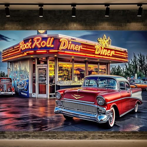 7X5ft Vintage 50's Rock Roll Diner Backdrop 1950s Retro Car Nostalgia Background for Photography Car Theme Party Portrait Photo Booth Studio Props - color: Multi1, size: 7x5ft